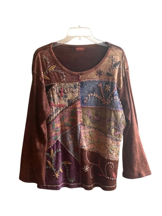 Windhorse Tops - Vintage Windhorse Boho Patchwork Embroidered Long Sleeve Wearable Art Top